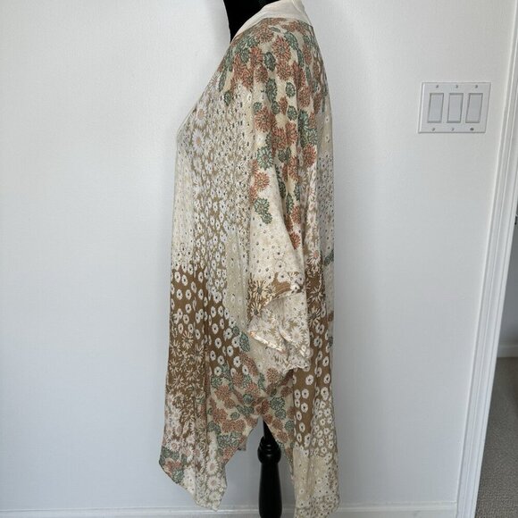 Bohemian Kimono One Size Floral Relaxed Tan Brown Beach Summer Coverup - Picture 3 of 7